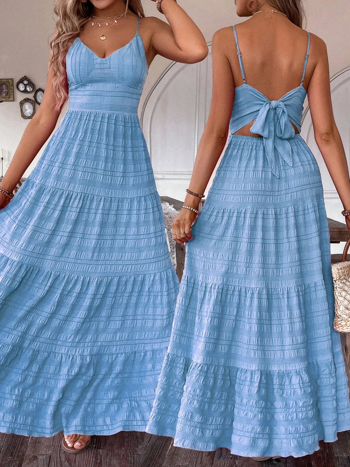 SHEIN VCAY Summer Vacation Solid Color Textured Strap Backless Maxi Dress