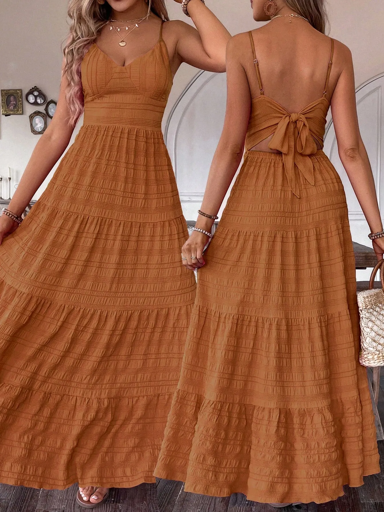 SHEIN VCAY Summer Vacation Solid Color Textured Strap Backless Maxi Dress