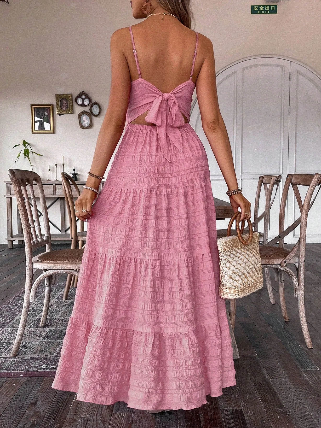 SHEIN VCAY Summer Vacation Solid Color Textured Strap Backless Maxi Dress