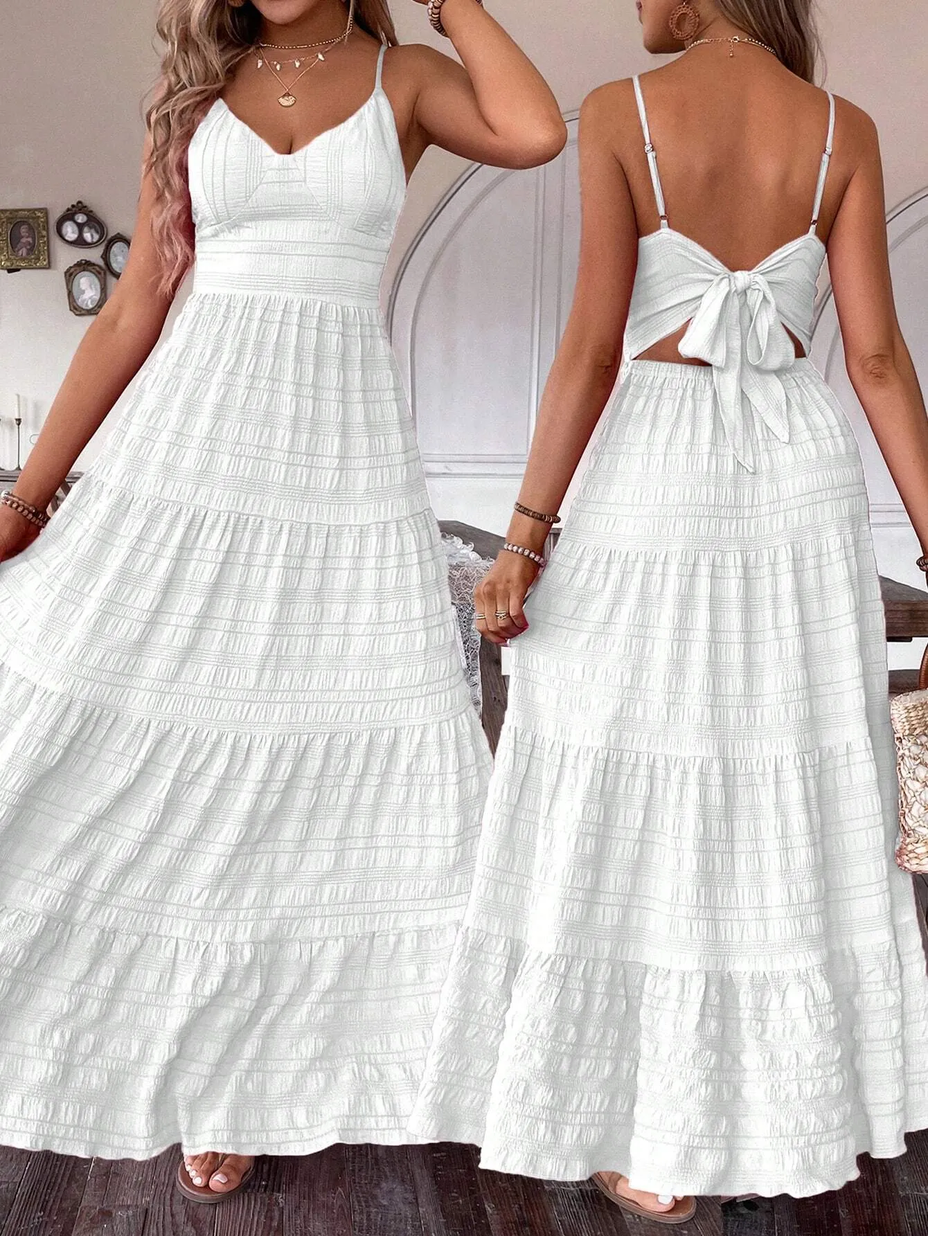 SHEIN VCAY Summer Vacation Solid Color Textured Strap Backless Maxi Dress