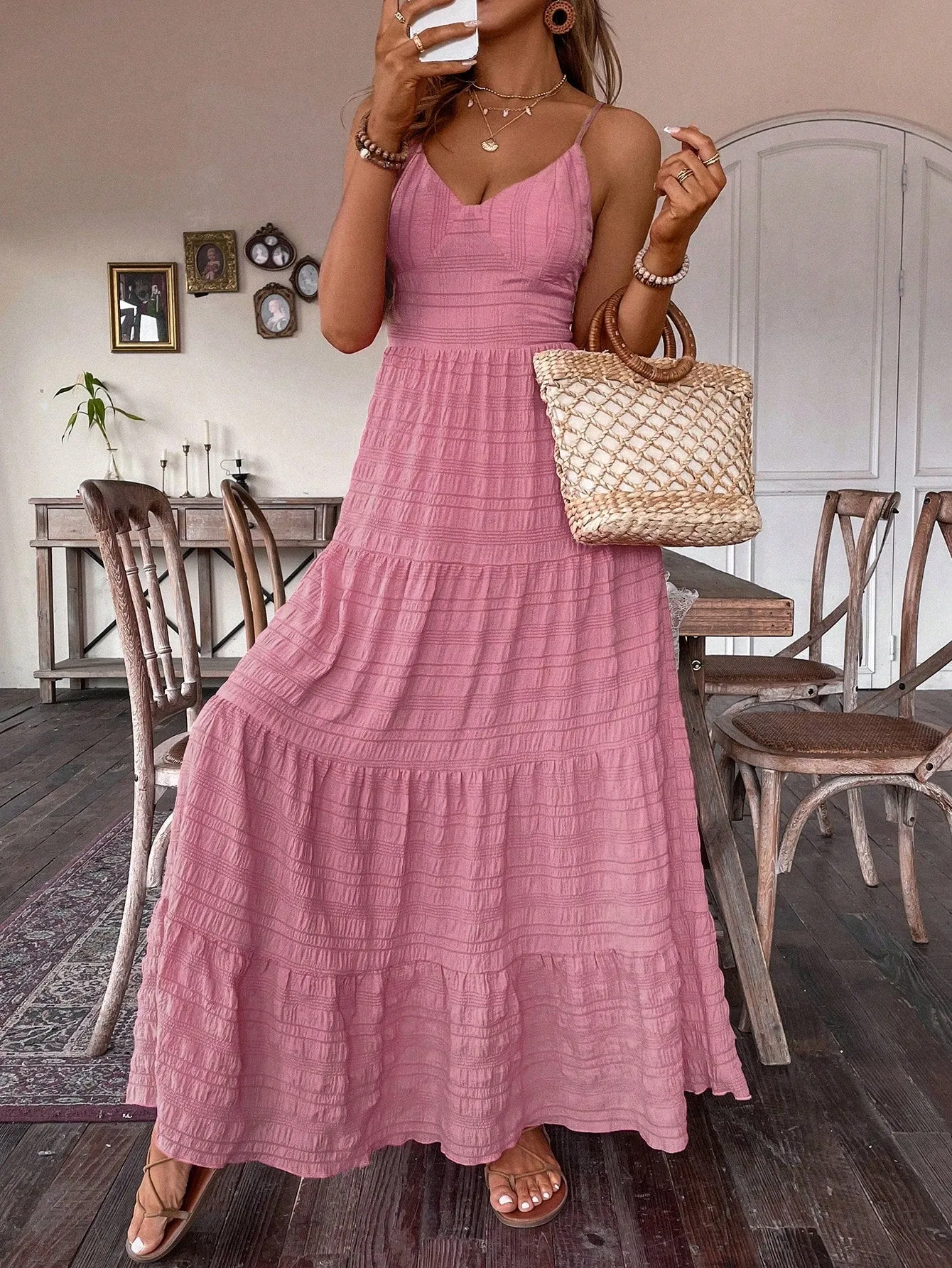 SHEIN VCAY Summer Vacation Solid Color Textured Strap Backless Maxi Dress
