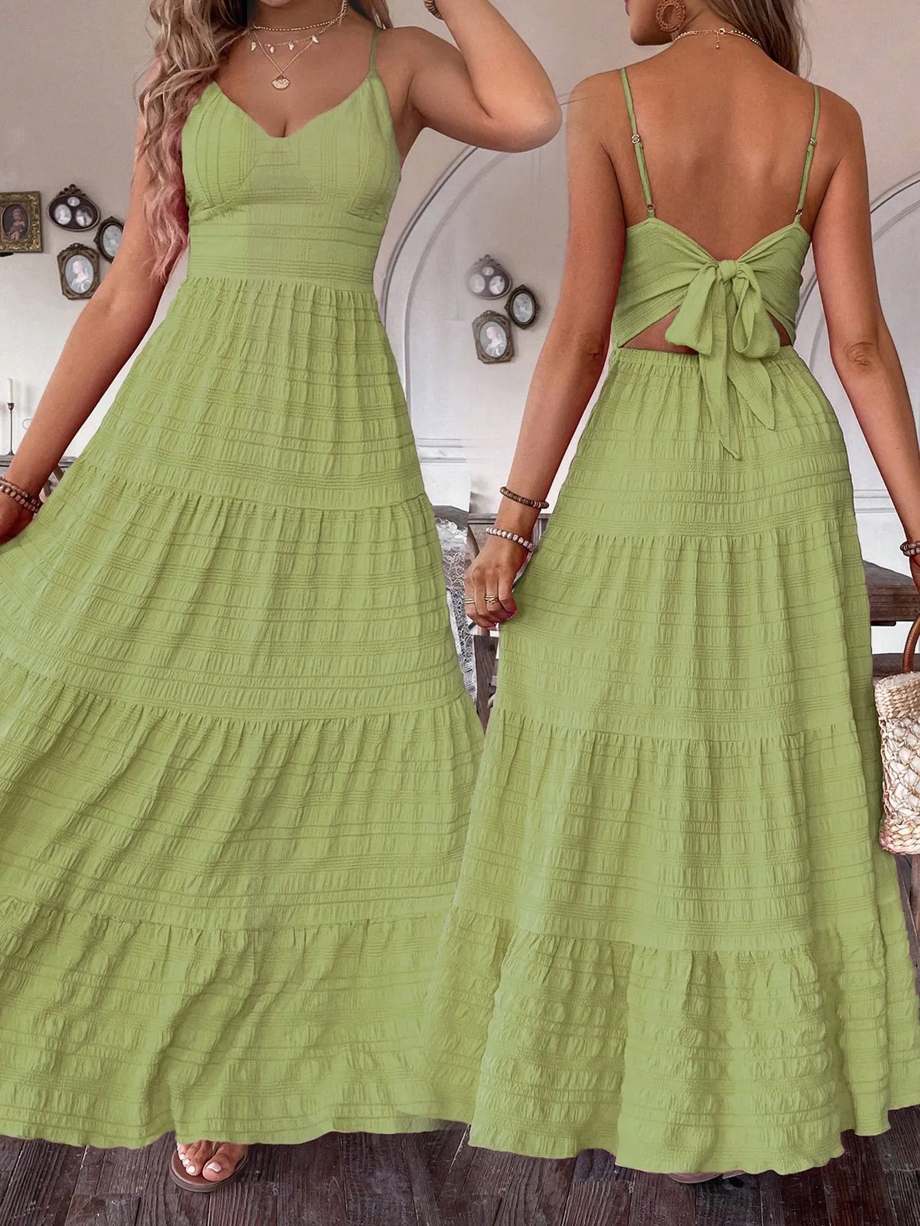 SHEIN VCAY Summer Vacation Solid Color Textured Strap Backless Maxi Dress