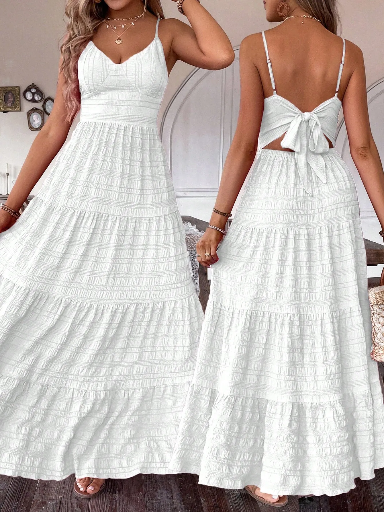 SHEIN VCAY Summer Vacation Solid Color Textured Strap Backless Maxi Dress