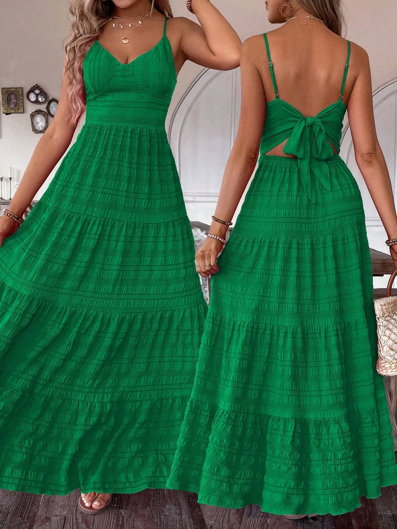 SHEIN VCAY Summer Vacation Solid Color Textured Strap Backless Maxi Dress