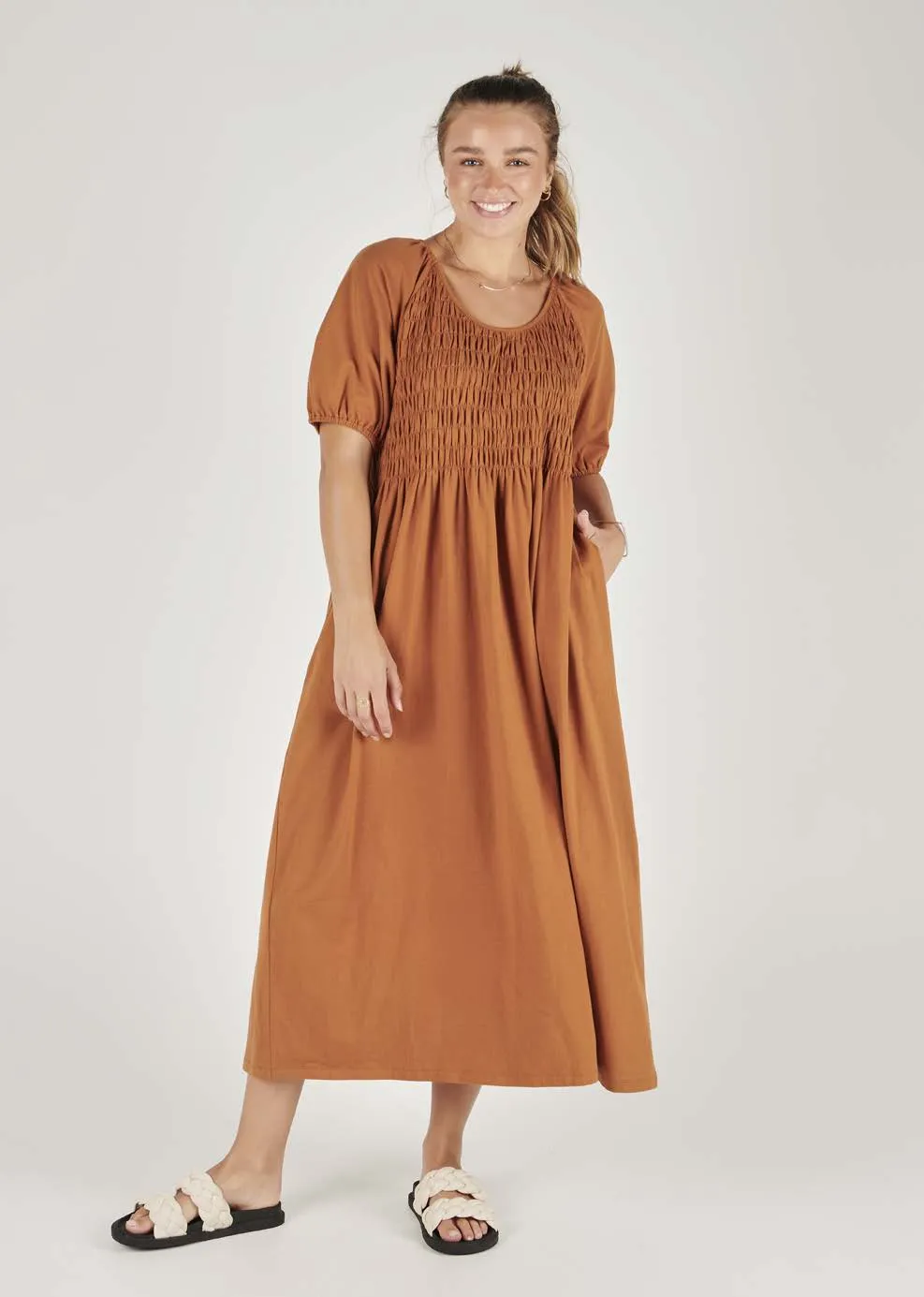 Shirred Bodice Maxi Dress - Caramel
