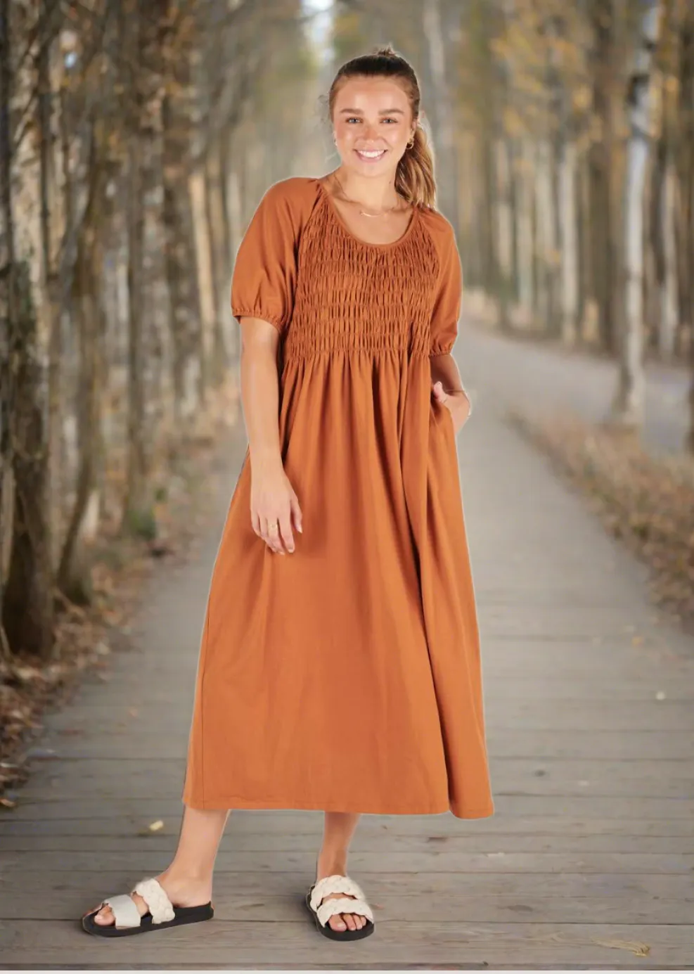 Shirred Bodice Maxi Dress - Caramel