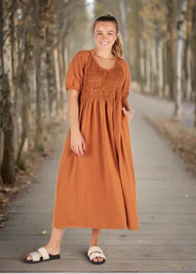 Shirred Bodice Maxi Dress - Caramel
