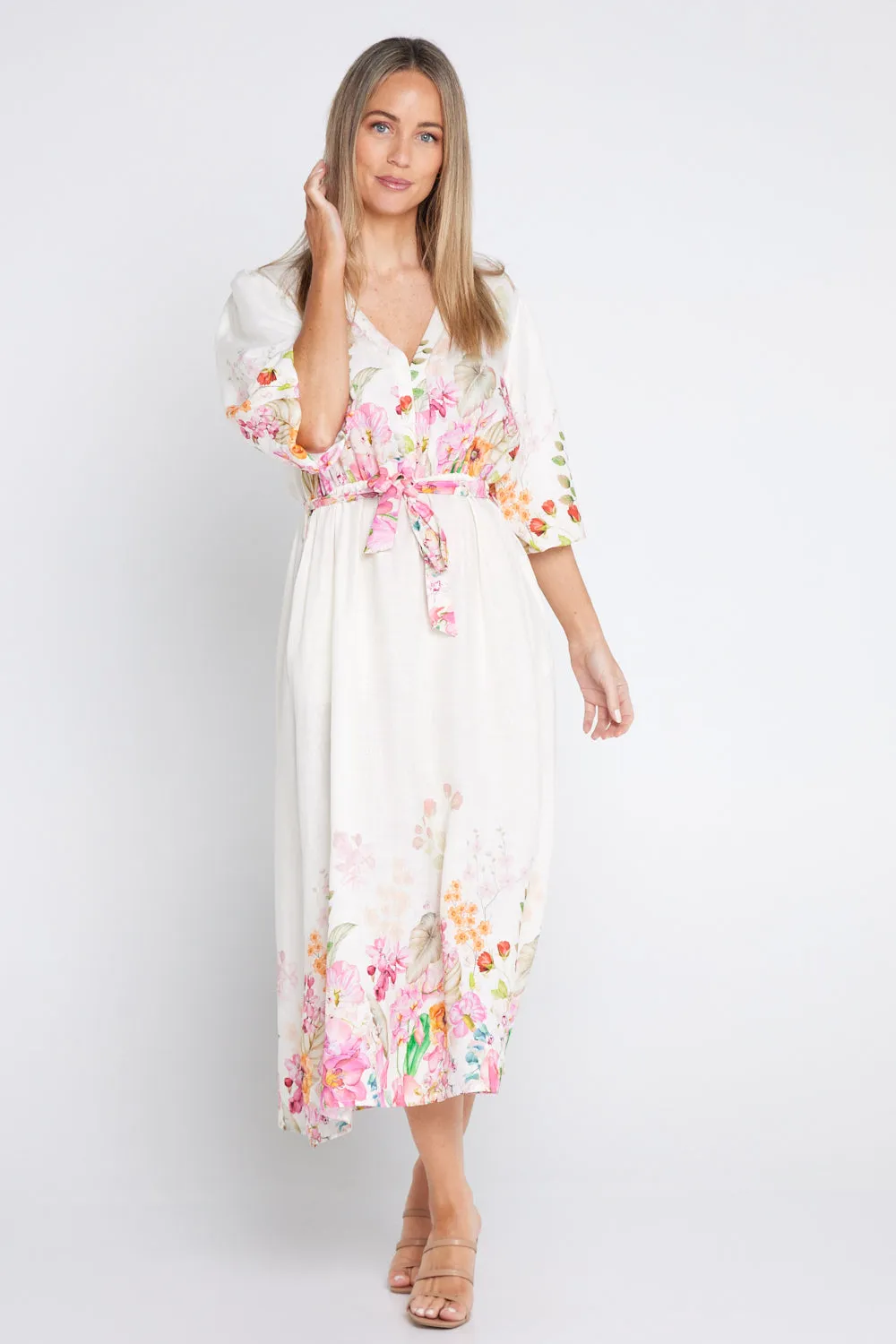 Springtime Garden Linen Dress - Cream/Floral