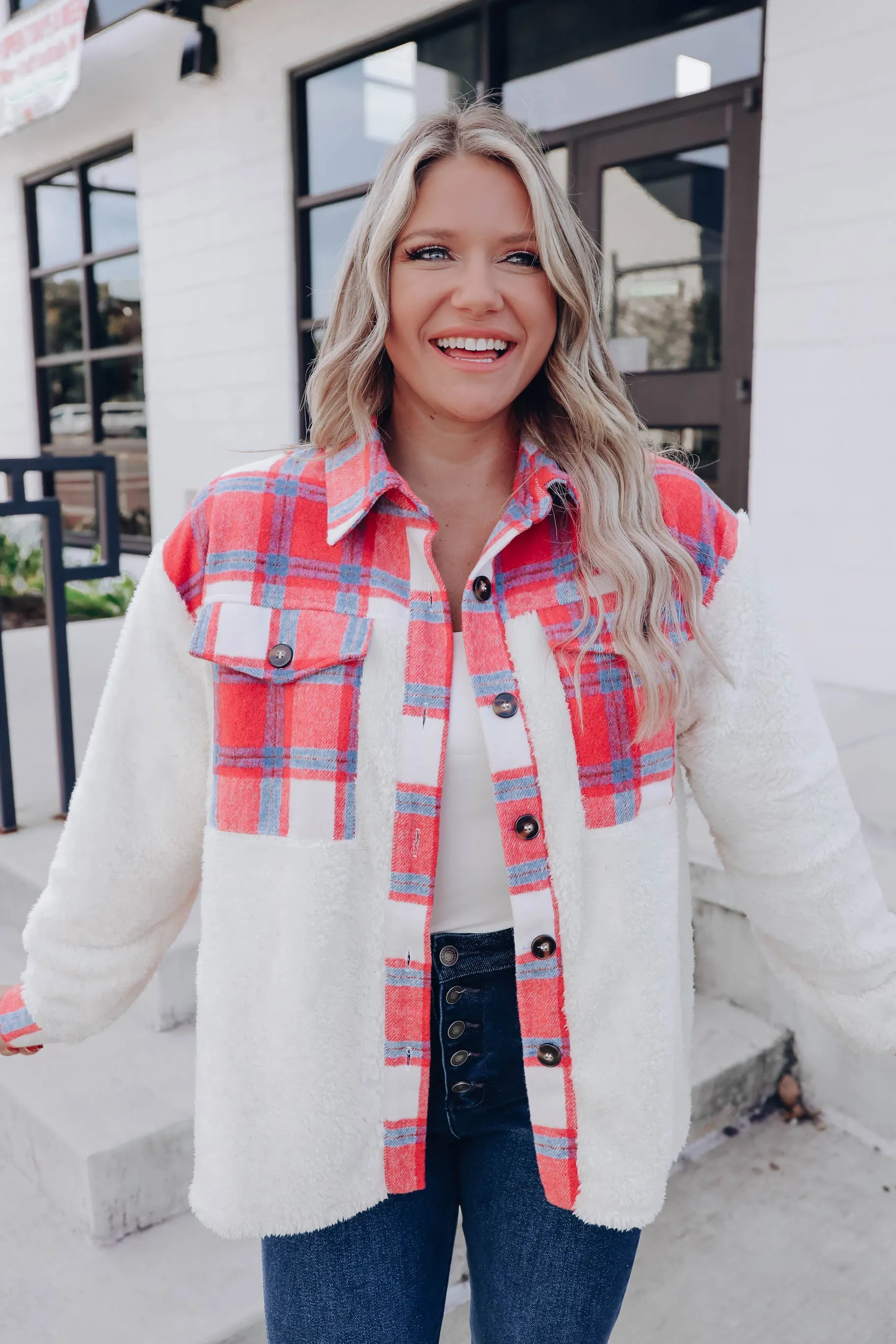 Stirling Contrast Fleece Jacket - Coral Plaid