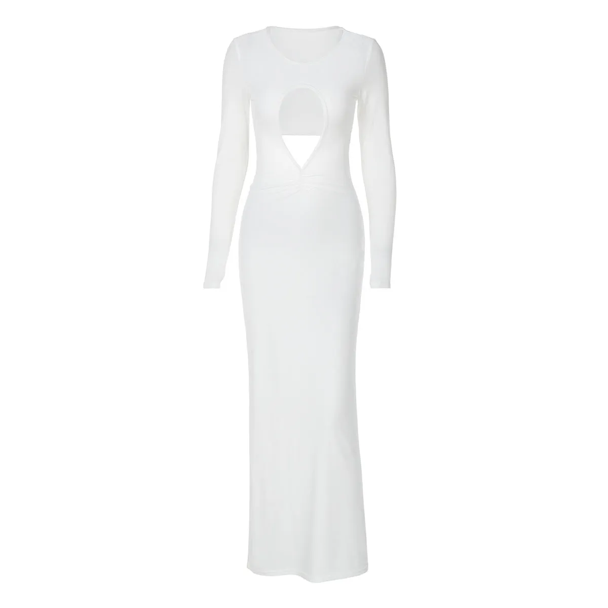 Women Clothing Autumn Sexy Cutout Slim Pleated Solid Color Long Sleeve Dress