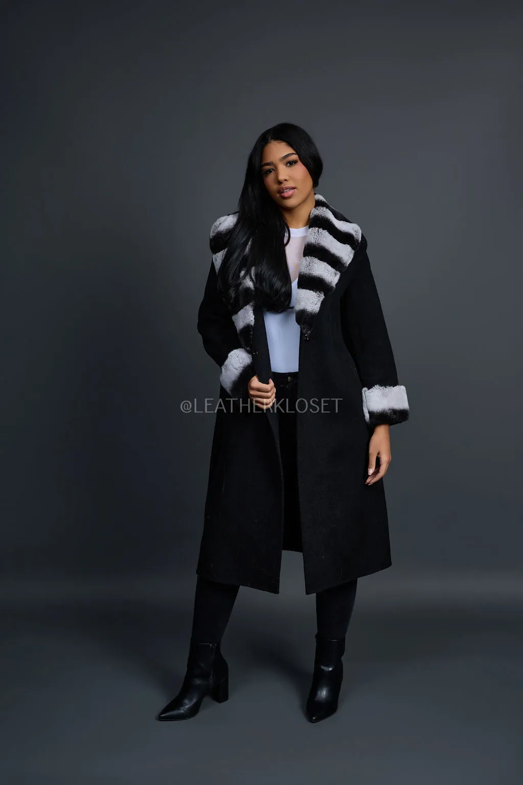 Women's Cashmere Trench Coat With Rex Trimming [Black]