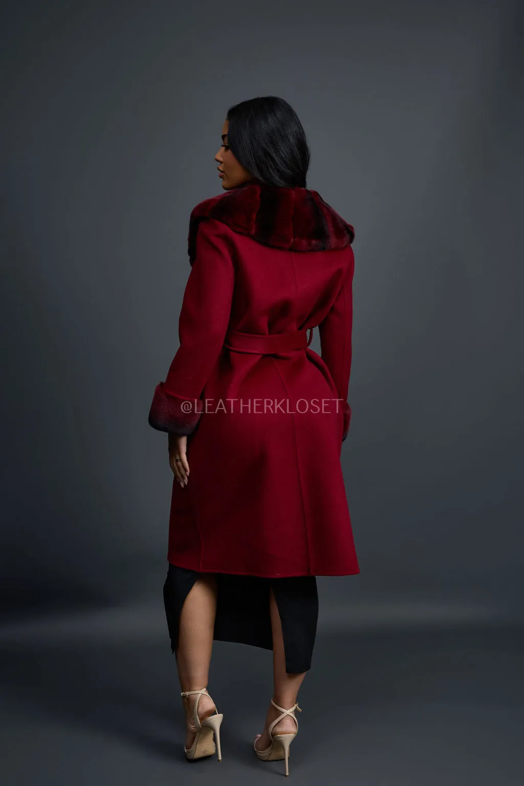 Women's Cashmere Trench Coat With Rex Trimming [Burgundy]