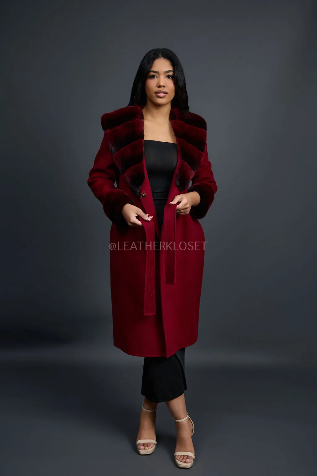 Women's Cashmere Trench Coat With Rex Trimming [Burgundy]