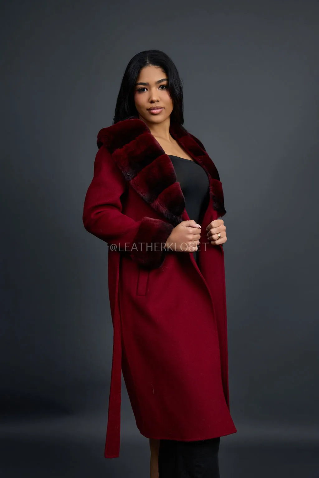 Women's Cashmere Trench Coat With Rex Trimming [Burgundy]