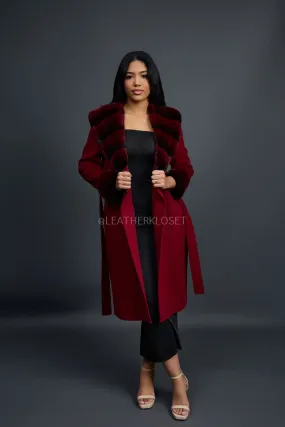 Women's Cashmere Trench Coat With Rex Trimming [Burgundy]