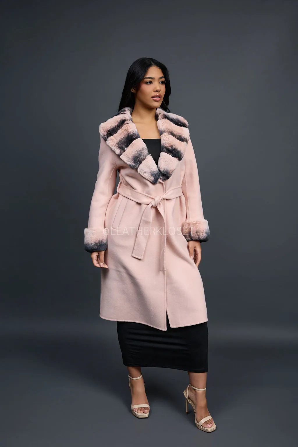 Women's Cashmere Trench Coat With Rex Trimming [Pink]