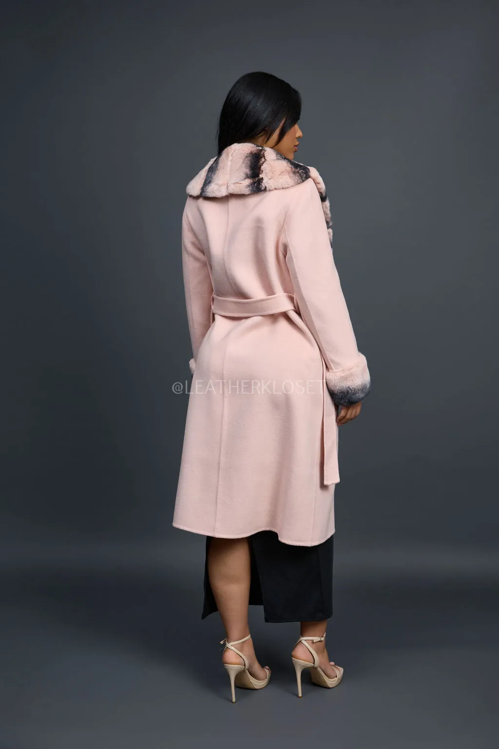 Women's Cashmere Trench Coat With Rex Trimming [Pink]