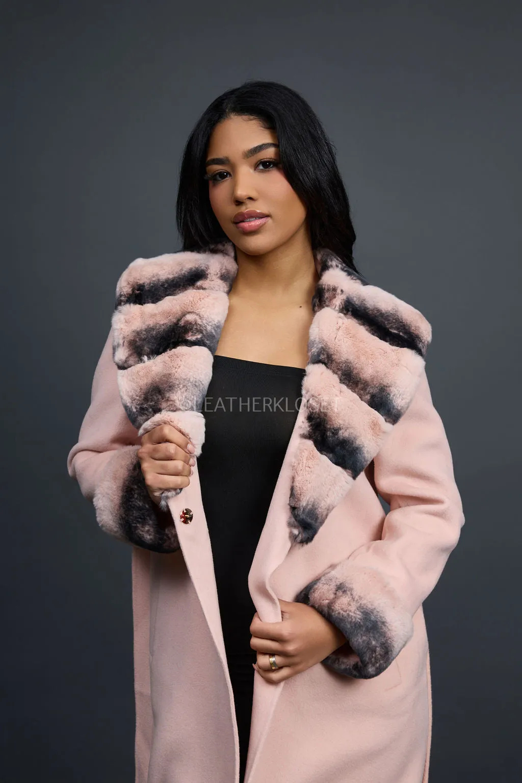 Women's Cashmere Trench Coat With Rex Trimming [Pink]